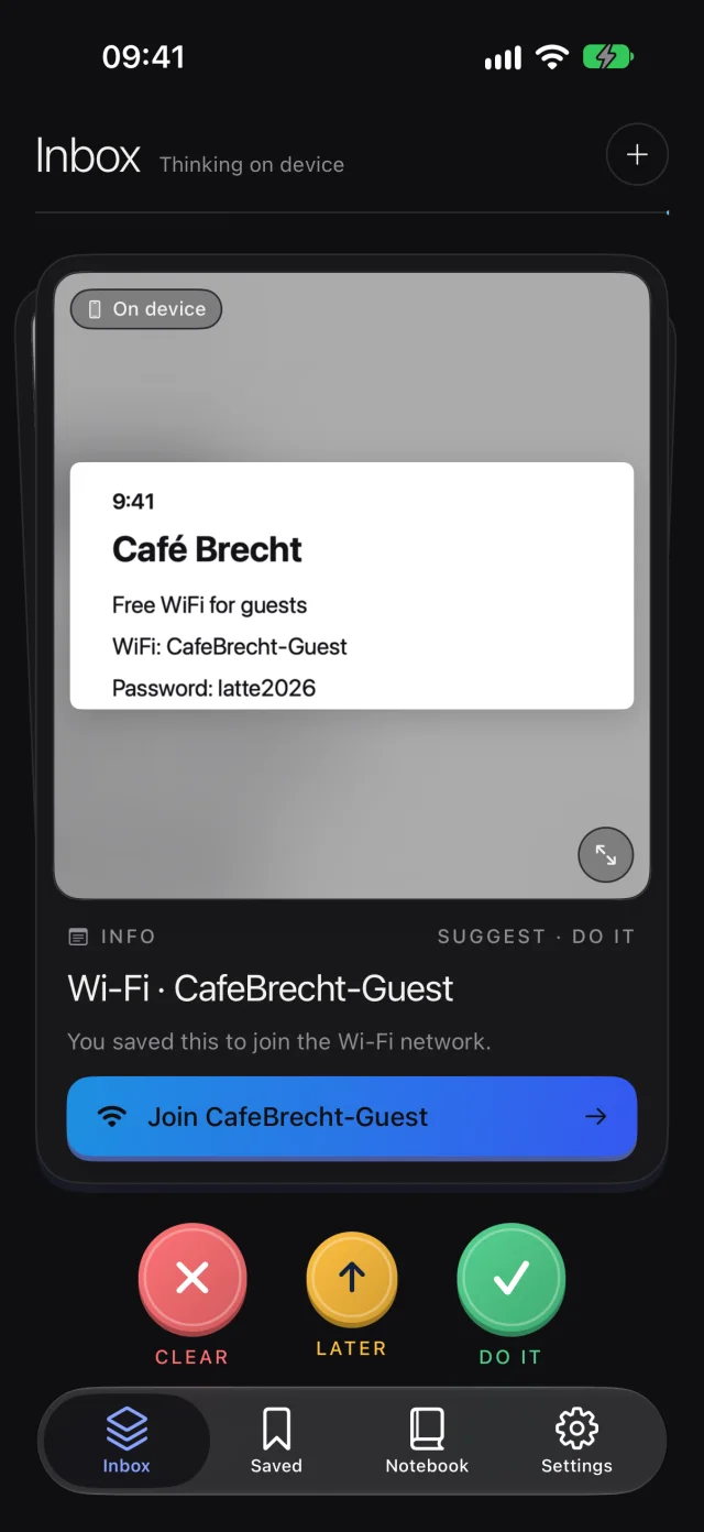 The Inbox: a Wi‑Fi card with a Join button and the Clear, Later and Do it rings