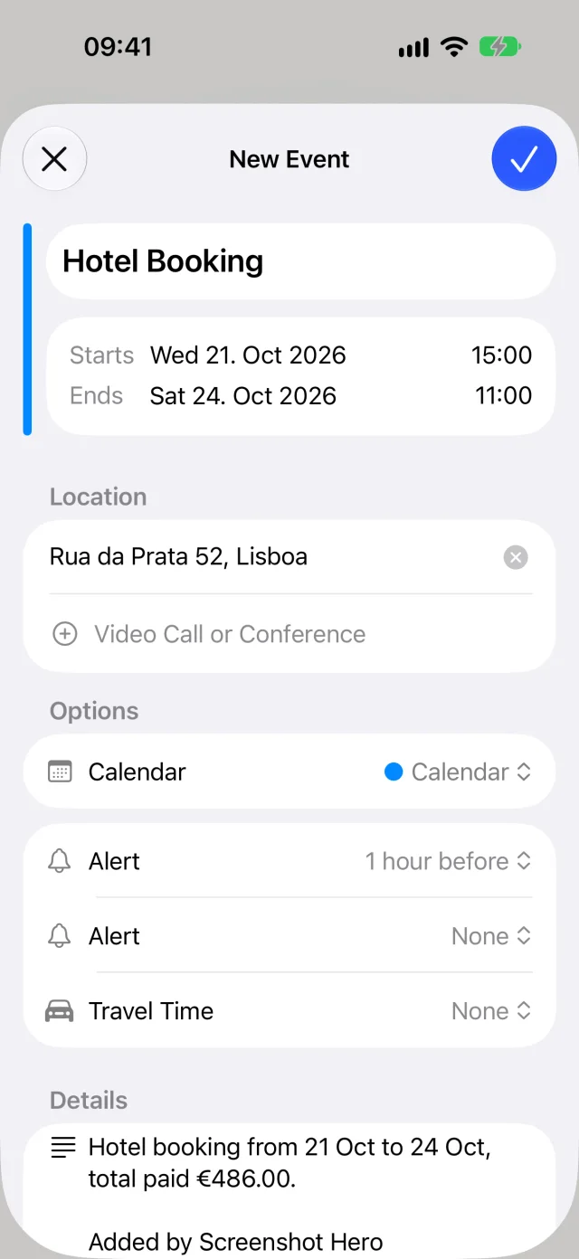 A calendar event prefilled from the booking