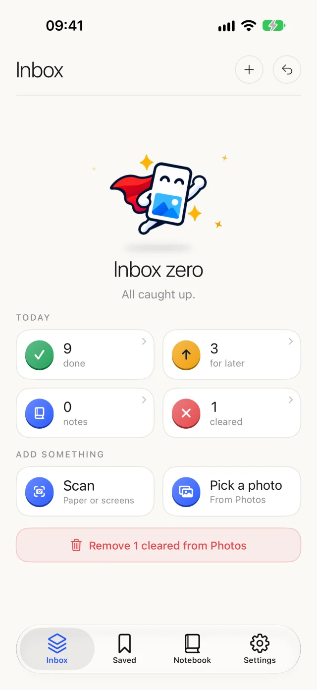 Inbox zero with today's tally: done, later, notes, cleared